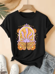 Butterfly Representing Transformation And Rebirth Surrounded By Orange And Lilac Flowers Symbolizing The Joy And Energy Of Nature. Modern And Comfortable Women's T-Shirt For Everyday Wear - 黑色 - 查看 8