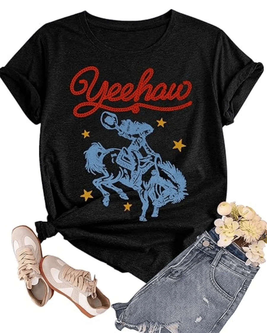 Figure Of A Rider On A Wild Horse Under Golden Stars Representing Strength, Freedom And The Spirit Of The Wild West. Women's Casual Modern Comfortable T-Shirt For Summer - 黑色 - 查看 1