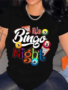 Coloridas bolas numeradas junto a tarjetas de bingo que evocan momentos alegres y la emoción de ganar en una noche divertida con amigos camiseta de mujer casual moderna para uso diario - Negro - Ver 8