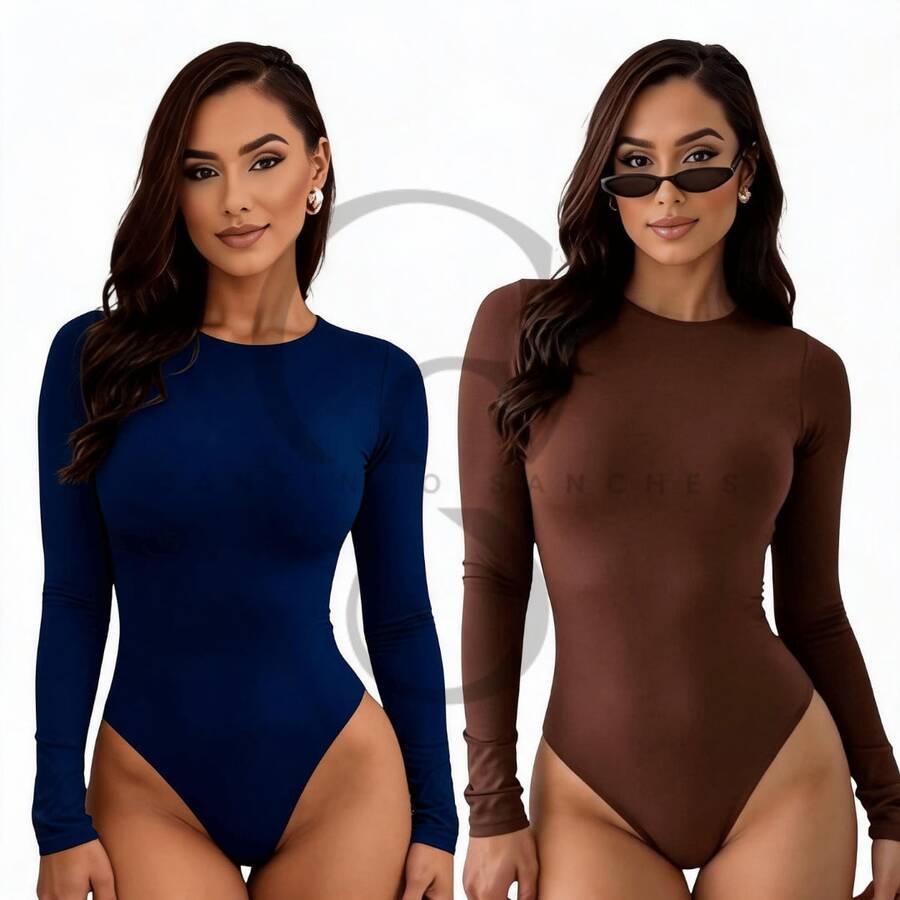 Set Of 2 Long-Sleeved Second Skin Bodysuits With Crew Neck, Plain Long Sleeves - 棕色 海軍藍 - 查看 1
