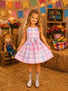 Girls' Christmas Party Dress, Plaid Print, Elegant Bow, Classic, End-Of-Year Party, Children's Day Gift, Country Style Look, Square Dance Party, Themed Party, Country June Festival, Photoshoot, Elegant, Sophisticated - 粉色 - 查看 2