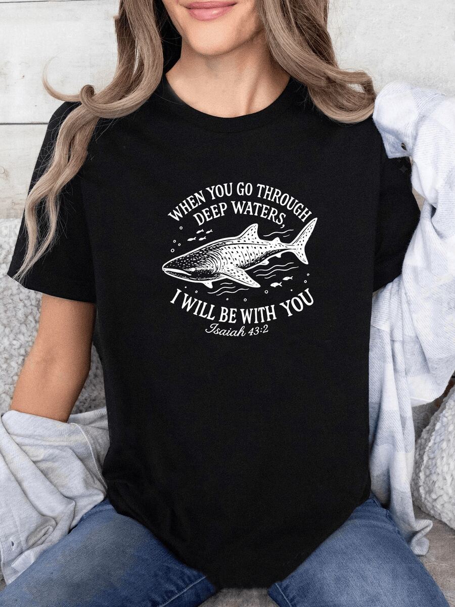 Shark Swimming In Deep Waters Symbolizing Strength, Hope, And Faith In Difficult Times With An Inspirational Biblical Phrase. Women's Casual, Modern, Comfortable T-Shirt - Black - View 1
