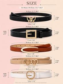 5pcs/Set Ladies' Adjustable Belts, Black & White Faux Leather With Butterfly And Heart-Shaped Alloy Buckles, Elegant High-End Design, Versatile For Casual, Work, Gift Summer, School Fall, Autumn, Halloween - 彩色 - 查看 4