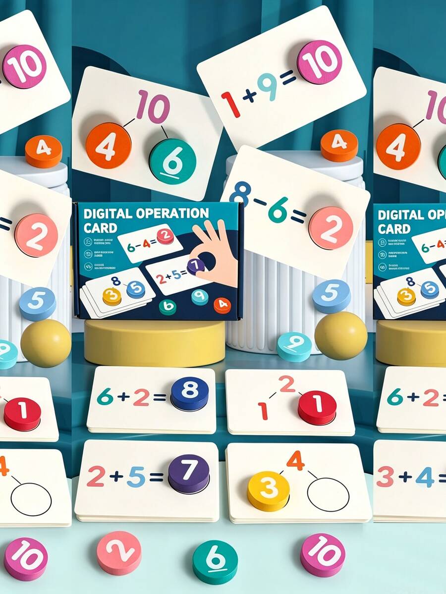 Ensemble de jouets éducatifs pour l'éducation précoce des enfants, comprenant la reconnaissance des chiffres et l'entraînement aux opérations mathématiques. Inclut des cartes de correspondance en bois, des fiches éclair d'addition et de soustraction, des jouets éducatifs pour le développement de la numératie et de la pensée logique.