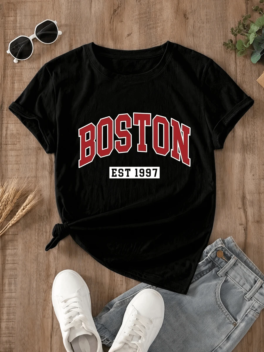 Graphic Letter T-Shirt, Graphic Tees For Women - 黑色 - 查看 1