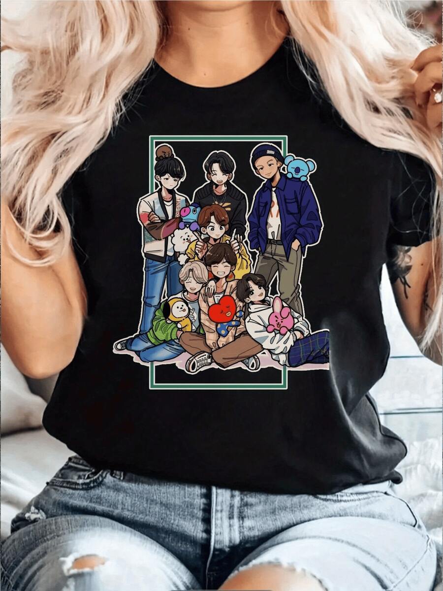 A Group Of Animated Characters Conveying Friendship, Diversity, And Joy, Surrounded By Vibrant Colors And Adorable Figures. A Modern, Casual Women's T-Shirt For Everyday Wear. - 黑色 - 查看 1