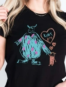 Casual T-shirtCamiseta Divertida de Diseño de Dibujos Animados para Mujer - Camiseta Casual de Manga Corta y Cuello Redondo con Diseño Colorido, Perfecta para Primavera y Verano, Negra con Diseño de Lunares Blancos100% CottonDurable - Negro - Ver 7