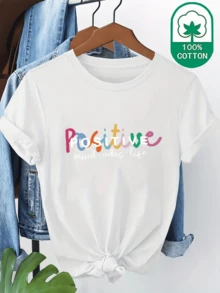 Camiseta 100% con estampado de texto "Positive Mind Vibes Life", cuello redondo, manga corta, ropa de verano casual, cmoda y transpirable para mujer - Blanco - Ver 2