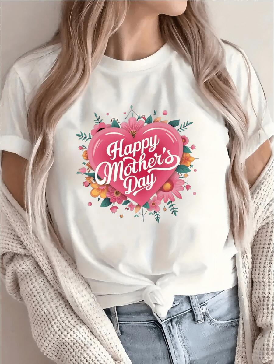 Diseño simple y versátil, moda femenina, sudadera con estampado de letras y patrones, sudadera de cuello redondo para primavera y otoño, camiseta de algodón para mujer. - Blanco - Ver 1