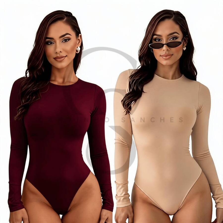 Set Of 2 Long-Sleeved Second Skin Bodysuits With Crew Neck, Plain Long Sleeves - 裸酒 - 查看 1