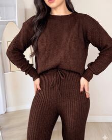 Women's Knit Set - Mousse Aerolook - Ribbed Knit Pants And Blouse - Winter 2025 - Rust Brown - View 1
