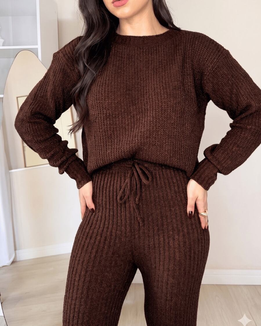 Women's Knit Set - Mousse Aerolook - Ribbed Knit Pants And Blouse - Winter 2025 - Rust Brown - View 1