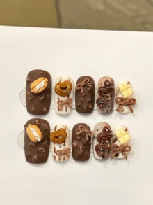 10片裝方形手工壓接式假指甲，Y2K風格，可愛卡通法棍下午茶童趣設計，融合新中式酷感，貓眼與蛇紋民族風，適合派對與日常穿搭，適合女孩與女性在節日、派對、音樂節及日常佩戴，情人節與母親節禮物 - 巧克力棕 - 查看 12