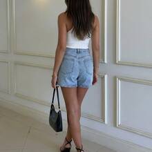 High Waist Mom Fit Women's Denim Shorts - Baby Blue - View 2