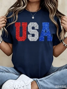 100%CottonGlitter Usa Patriotic T Shirt Red White And Blue Sparkle Print For Independence Day Celebration Party WearBreathable Cotton Tee, All Match - 藏蓝色 - 查看 1