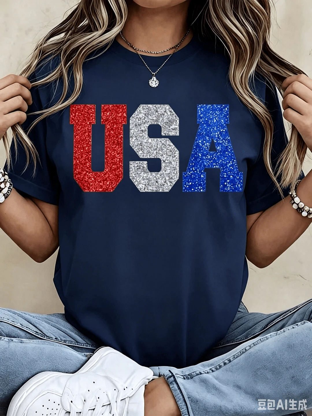 100%CottonGlitter Usa Patriotic T Shirt Red White And Blue Sparkle Print For Independence Day Celebration Party WearBreathable Cotton Tee, All Match - 藏蓝色 - 查看 1