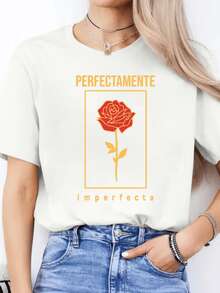 Red Rose Symbolizing The Beauty That Arises From Imperfection And The Inner Strength That Blossoms Despite Scars. Modern Casual Women's T-Shirt With An Inspirational Phrase: Perfectly Imperfect - 白色 - 查看 8