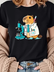 Scientist Beaver In White Coat Holding A Test Tube Next To A Microscope Symbolizing Curiosity, Innovation And Love For Science. Women's Casual Modern Comfortable T-Shirt For Everyday Wear - 黑色 - 查看 6