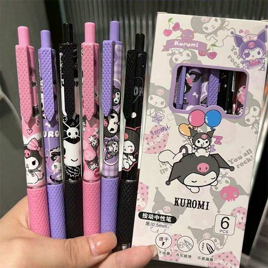 Bộ 6 bút bi Sanrio Kuromi dễ thương, ngòi 0.5mm, mực đen khô nhanh, thích hợp cho trường học, văn phòng phẩm, đồ dùng học tập, quà tặng tiệc tùng, quà tặng lễ hội dành cho người hâm mộ. - Bộ - Xem 1