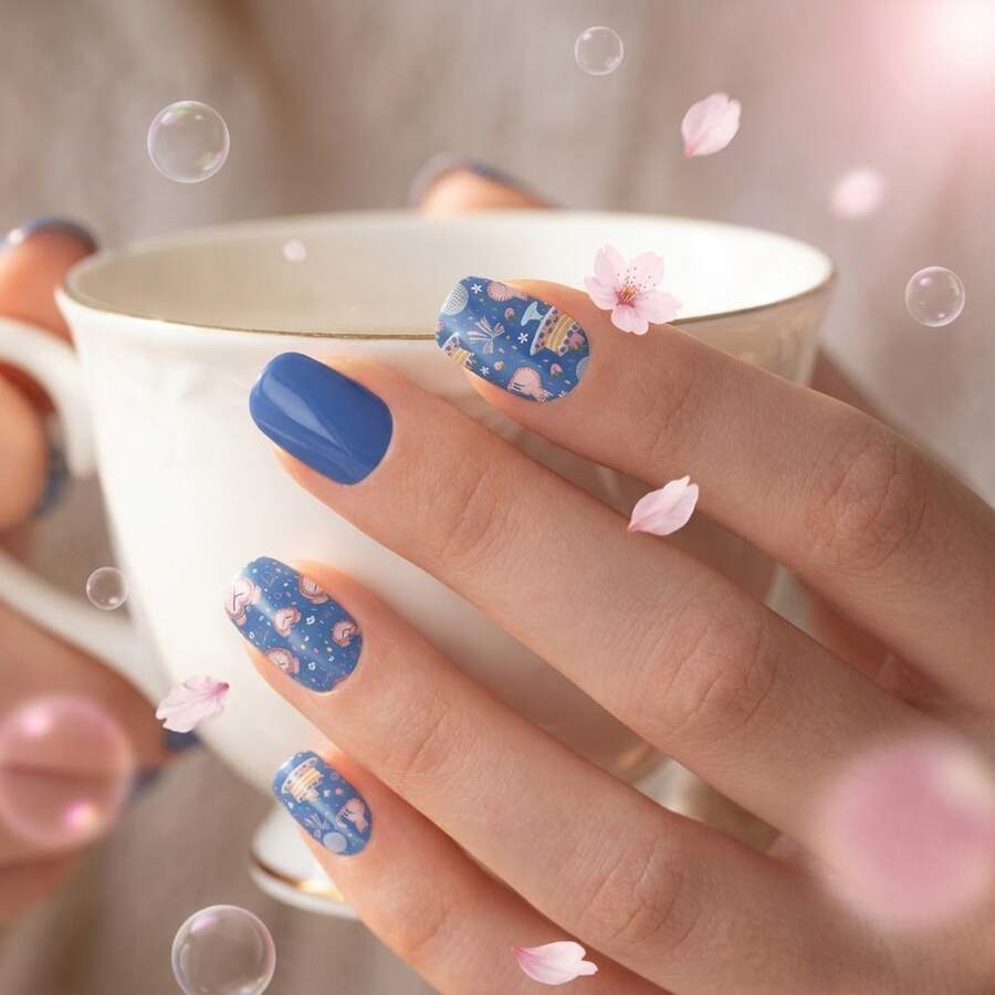 48pcs Medium Square Cute Kawaii Pattern Press On Nails, Sweet Heart & Birthday Cake Graphic Fake Nails, Reusable Stick On False Nails With Jelly Gel, UV Printed Super Value Pack DIY Manicure Kit For Women Girls Gift - Xanh đậm - Xem 1