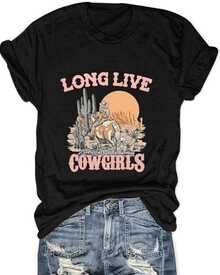 Atardecer en el desierto con una mujer montando un caballo junto a cactus que reflejan libertad horizonte cálido y espíritu aventurero camiseta de mujer casual cómoda para uso diario - Negro - Ver 1