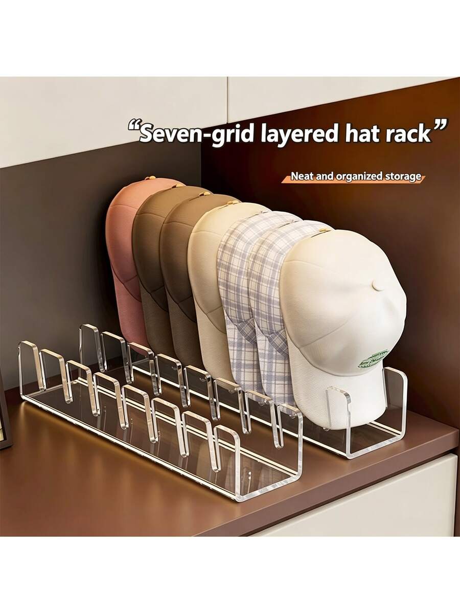 2 piezas Estante de almacenamiento de gorras de béisbol, organizador de sombreros, sin necesidad de montaje, adecuado para estante de almacenamiento y exhibición de sombreros de escritorio, estante de exhibición de acrílico, adecuado para dormitorio, armario, tocador, oficina y entrada, almacenamiento de tocador y armario - transparente - Ver 1