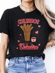 A Glass Filled With Golden Churros Symbolizing The Sweetness Of Love, Surrounded By Pink Hearts Evoking Tenderness And Joy. A Women's T-Shirt With A Romantic Message, Ideal For Valentine's Day. - 黑色 - 查看 8