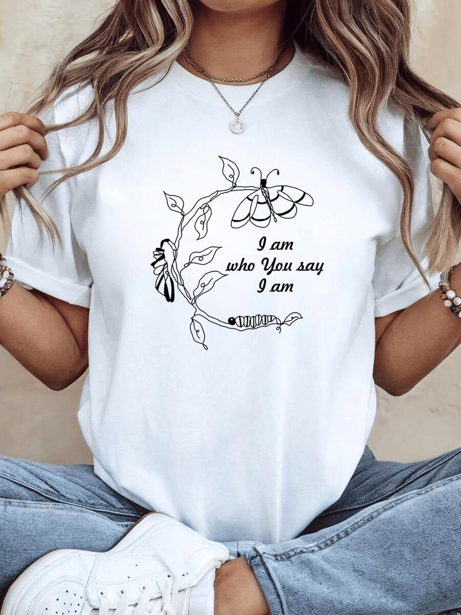 A Butterfly Formed By Continuous Lines Symbolizes The Process Of Personal Transformation And The Freedom Of The Soul, Along With An Inspiring Phrase That Reinforces Inner Confidence. This Comfortable, Casual Women's T-Shirt Is Perfect For Everyday Wear. - 白色 - 查看 1