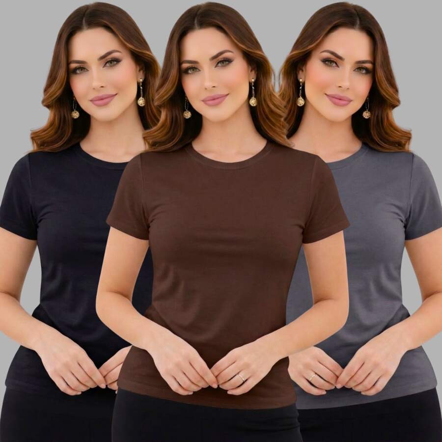 Kit Of 3 Basic Women's Suplex Blouses - Black-brown-gray - View 1