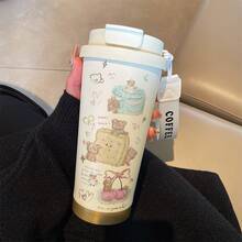 1件/5件 500ml 可愛甜美熊圖案保溫咖啡杯，附翻蓋與「Coffee」杯帶，可拆卸 304 不鏽鋼防漏旅行杯，適用熱飲與冷飲，適合可愛與粉色愛好者的理想禮物，冰咖啡 - 彩色 - 查看 10