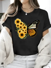 Butterfly Formed By Vibrant Sunflowers That Symbolize Transformation, Joy And Freedom With Warm Details That Evoke The Beauty Of Nature. Comfortable Casual Women's T-Shirt For Everyday Wear - 黑色 - 查看 6