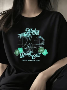 Palm Trees And Surfboards Against A Tropical Sunset Evoke The Tranquility Of Poipu Beach And The Free Spirit Of Aloha, Filling The Soul With Summer Energy. Comfortable Casual Women's T-Shirt For Everyday Wear - 黑色 - 查看 6