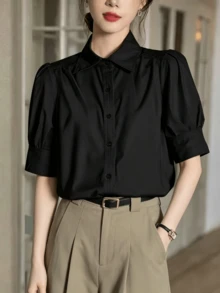 Plus Size Women's French Petal Sleeve Solid Color Shirt, Short Sleeve, New Summer Office/Interview Blouse Black - Black - View 5