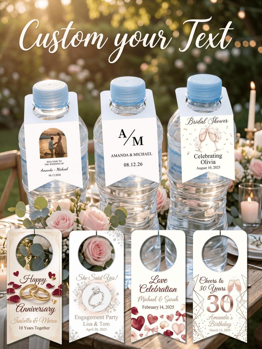 10pcs/30pcs/50pcs Custom Water BOTTLE TAGS For Wedding Reception (Small Size) Personalized With Names And Event Date Tag . Will Fit Most Small Cap Bottles Water Bottle Labels Suitable For Weddings, Parties, Birthdays, Baptisms, And Other Events - Multicolor - View 1