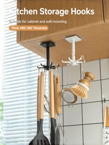 2pcs Heavy Duty ABS 360 ° Rotatable 6-Fork Hook, No Punching Adhesive Hanger, Space Saving Storage Rack, Suitable For Multifunctional Storage Organizer Of Kitchen Utensils, Bathroom Accessories, And Home Living Spaces, Multifunctional Hanging Storage Rack - A - View 5
