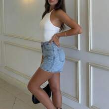 High Waist Mom Fit Women's Denim Shorts - Baby Blue - View 3