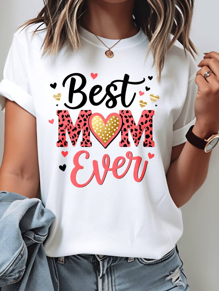 The Best Women's Leopard Print T-Shirt, Cute Casual T-Shirt With Heart Design, Soft And Comfortable For Everyday Wear, Mother's Day Gift, In Black/White, Machine Washable, Suitable For Parties And Other Occasions. - 白色 - 查看 1