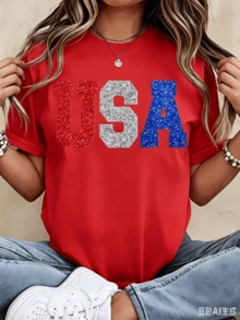 100%CottonGlitter Usa Patriotic T Shirt Red White And Blue Sparkle Print For Independence Day Celebration Party WearBreathable Cotton Tee, All Match - 紅色 - 查看 1