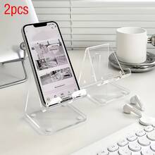 1/2pcs Transparent Portable Phone Stand, Acrylic Phone Holder, Non-Slip Desktop Phone Bracket, Suitable For Desk, Desktop Accessories - Two Transparent Colors - View 2