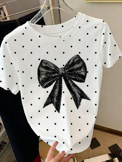 Camiseta con estampado de moño, blusa de lunares, camiseta informal de lunares para mujer de talla grande, adecuada para vacaciones de verano, playa, Día de la Madre, uso diario, salidas, bodas, playa, fitness, graduación, fiestas, moda