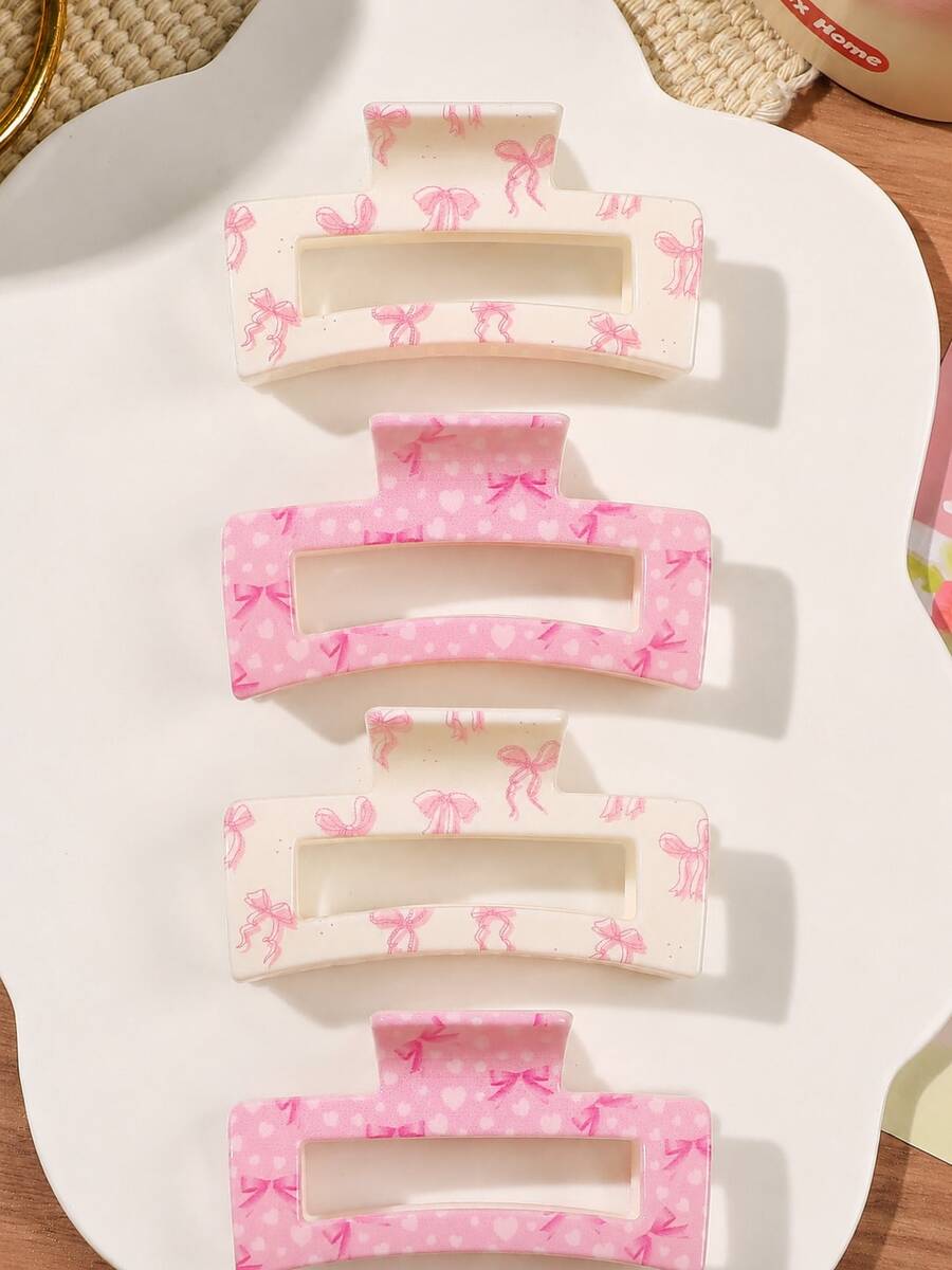 4pcs Non-Slip Strong Grip ABS Hair Clips, Pink Cartoon Bow UV Printed Square Hair Claw Set, Women's Valentine's Day Party Daily Hair Accessories