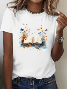 Open Book Surrounded By Orange And Blue Butterflies Emerging From Its Pages Alongside Luminous Flowers Symbolizing Freedom, Imagination, And The Blossoming Of Knowledge. Modern Casual Women's T-Shirt Perfect For Everyday Wear - 白色 - 查看 6