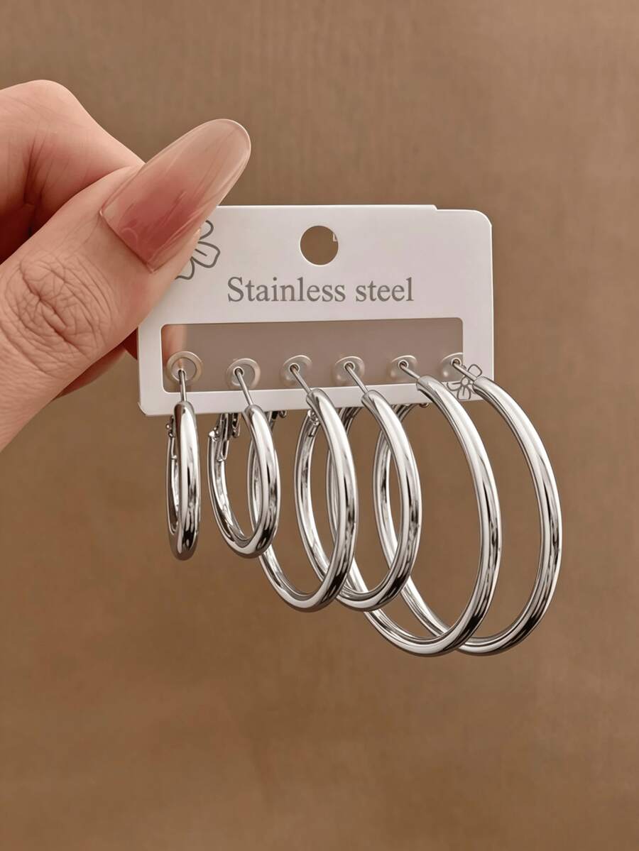 3 Pairs Stainless Steel Gold-Plated C-Shaped Earrings, Glossy Geometric Earring Set, Suitable For Daily Wear, Parties And Banquets, Christmas Gift