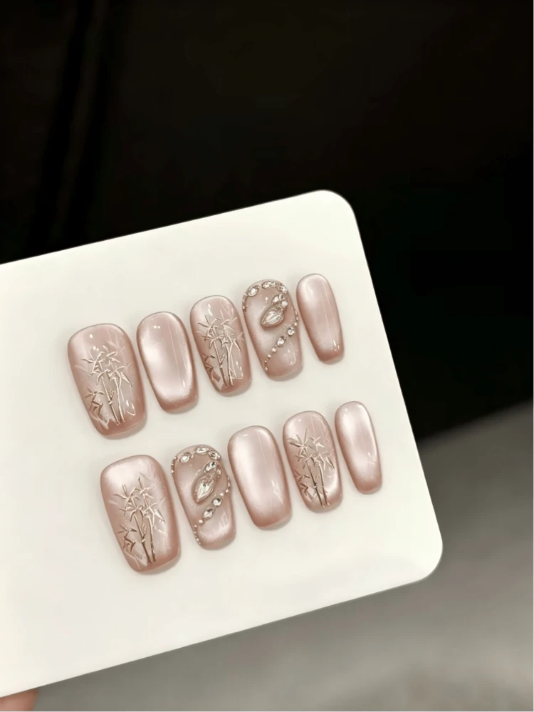 10PCS Square Handmade Press On Nails, Y2K,Cute Cartoon Baguette Afternoon Tea Is Childlike, With A New Chinese Sense Of Coolness, Cat's Eye And Snake's National Style, Suitable For Parties And Daily Wear. Suitable For Girls And Women Festivals Parties And Music Festival And Daily Wear,Valentine's Day Mother's Day Gift. - Pink - View 9