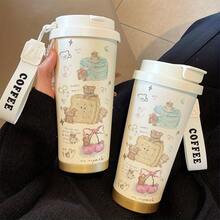 1件/5件 500ml 可愛甜美熊圖案保溫咖啡杯，附翻蓋與「Coffee」杯帶，可拆卸 304 不鏽鋼防漏旅行杯，適用熱飲與冷飲，適合可愛與粉色愛好者的理想禮物，冰咖啡 - 彩色 - 查看 7