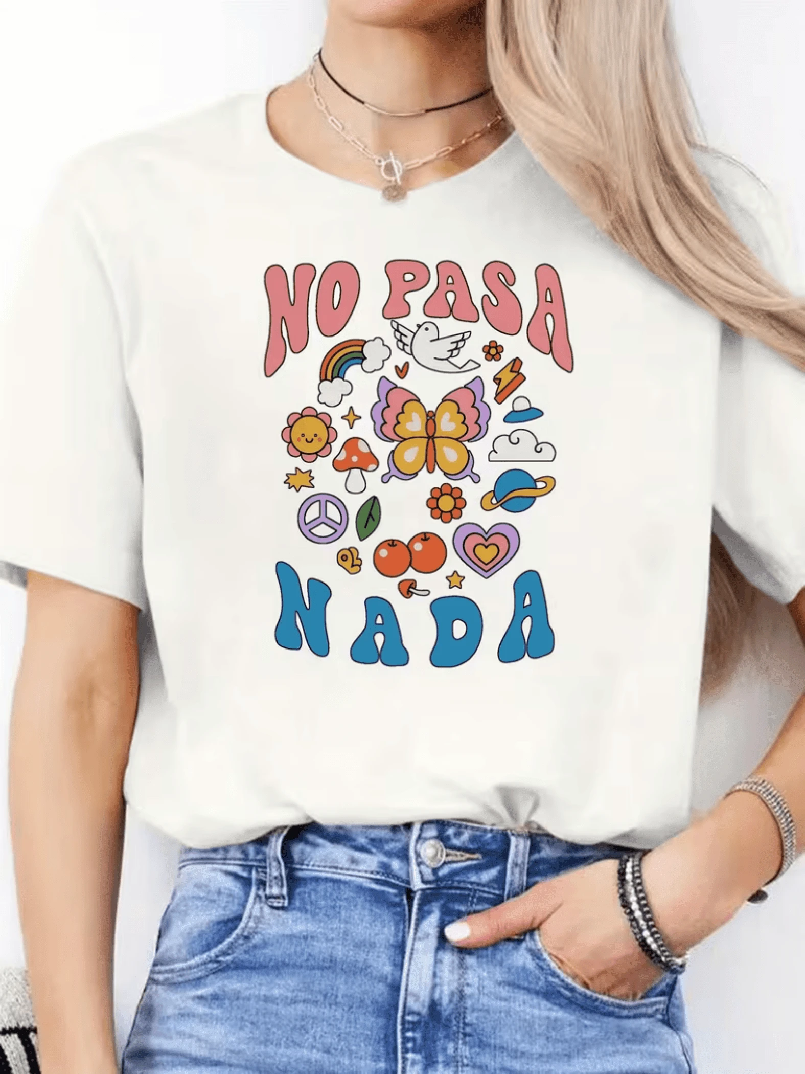 Colorful Butterfly Drawings Surrounded By Cherries, Peace Symbols, Rainbow Flowers, Cloud, Dove And Heart Expressing Serenity, Optimism, Freedom And Positive Energy. Women's Casual Modern Comfortable T-Shirt For Everyday Wear - 白色 - 查看 1