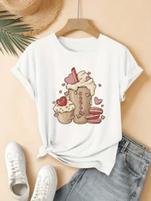 Taza de café acompañada de postres dulces con corazones rosados simboliza la ternura y el amor cotidiano en cada sorbo camiseta de mujer casual moderna cómoda para uso diario - Blanco - Ver 6