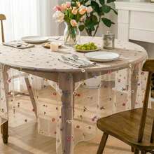 Champagne Embroidery Floral Spring Summer Gauze Tablecloth 57*78.7 Inch Rectangular, Wildflower Seasonal Tulle Table Cover, Garden Party Decor For Wedding, Party, Holiday Dining - Champagne - View 5