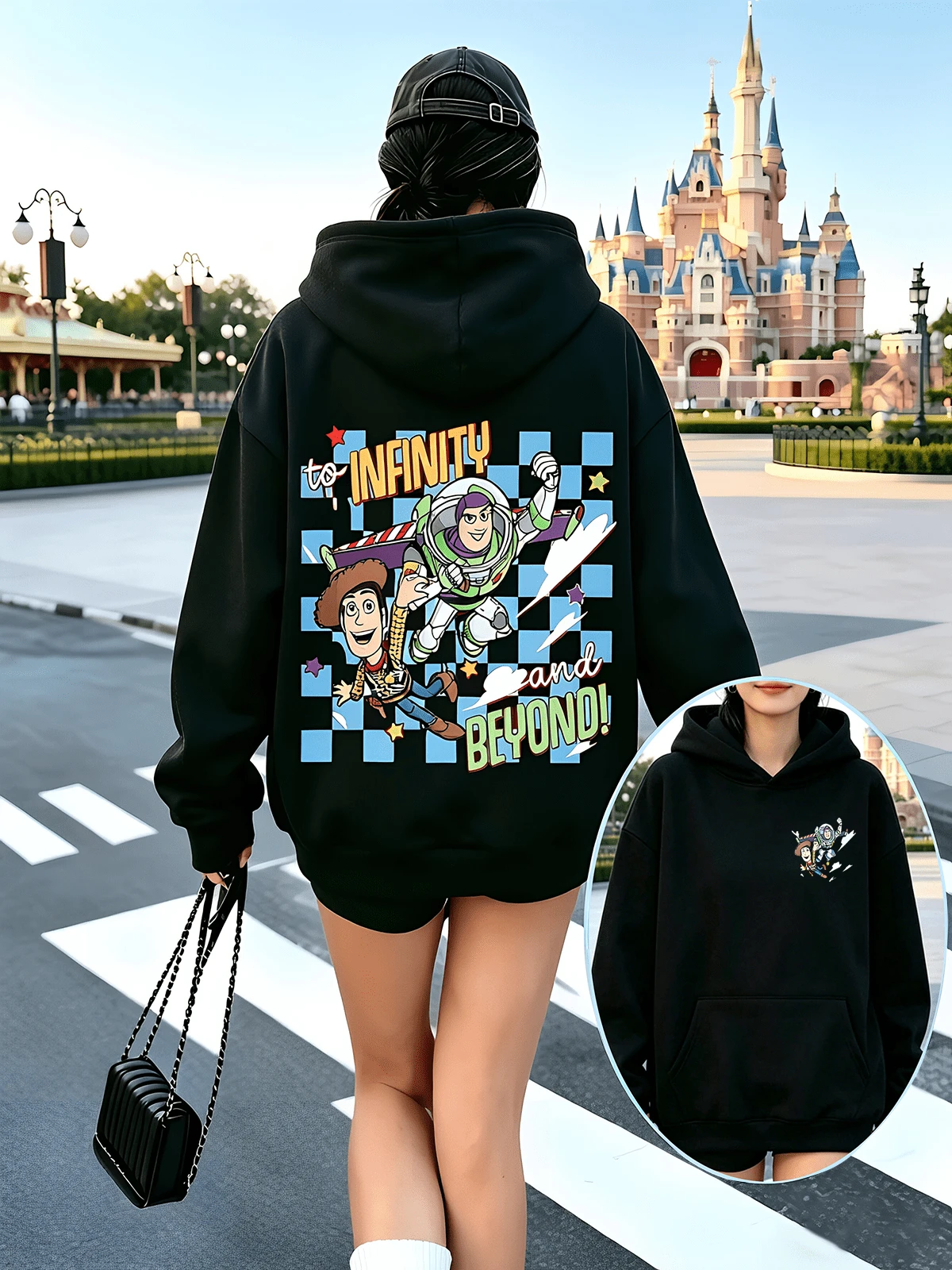 Disney Toy Story Y2K Print Sweatshirt "To Infinity And Beyond" - A Fun, Loose-Fitting Top With A Casual Print, Perfect For A Versatile Holiday Gift. (Women's Autumn/Winter Clothing/Elegant Women's Outfits/Patterned Hoodies/Printed Tops/Casual Outfits For Women/Women Trending Now/Holiday Co-Ord/Plus Size Friendly) - Black - View 1