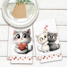 2pcs Cute Cartoon Hugging Cats Pattern Kitchen Towels, Soft Polyester Material Dish Cloths, Suitable For Kitchen Decor, Cleaning, Holiday Party Decoration, Kitchen & Bathroom Essentials, Home Decor, Housewarming Gift - Multicolor - View 8